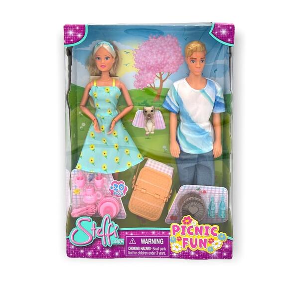 Steffi Love Picnic Fun Dolls Boyfriend Girlfriend Puppy + 20 Pcs Play Set - Picture 1 of 2